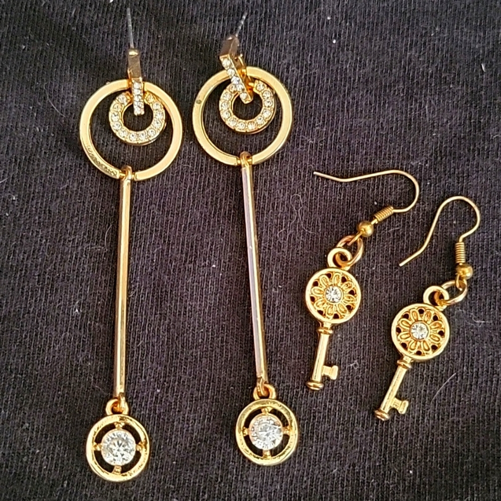 Handcrafted goldtone and crystal earrings. Set of 2 pair.